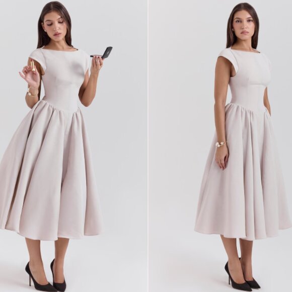 HOUSE OF CB 'Debutante' French Dove Moire Satin Backless Midi NWOT - Picture 3 of 8